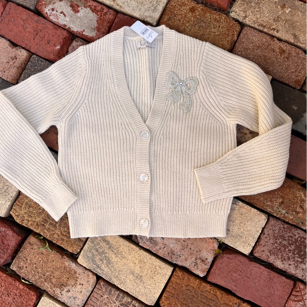 LOFT Cream Cardigan with Embellished Bow